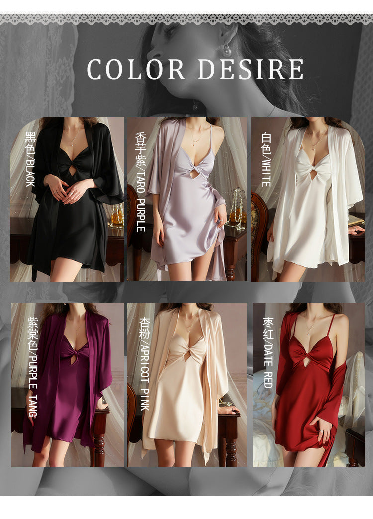 DZ Graceful Lady Sweet Light Luxury Satin Lingerie Passionate Hot Chest Pad Backless Nightdress Robe Set5591