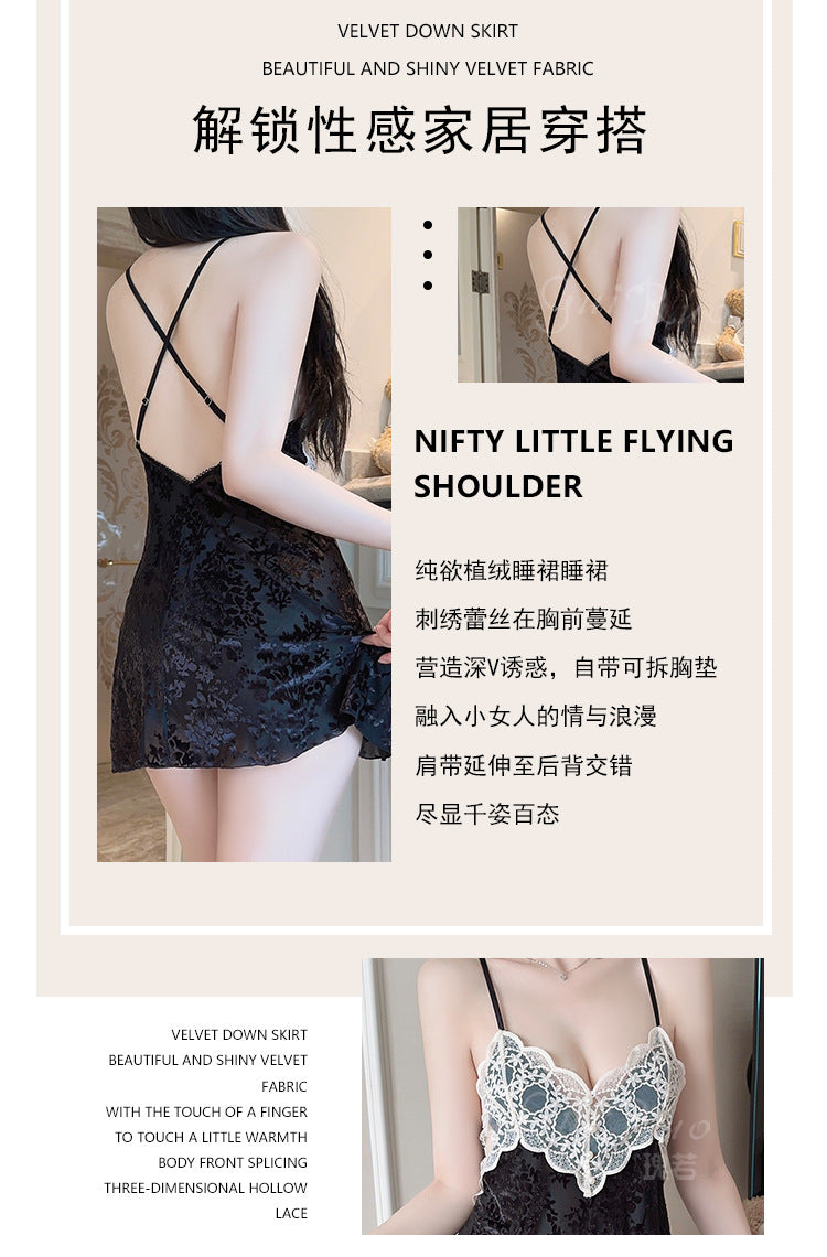 DZ Gorgeous Sexy Jacquard Velvet Pajamas Light Luxury Temptation with Chest Pads Deep V Backless Nightdress Homewear Set5756