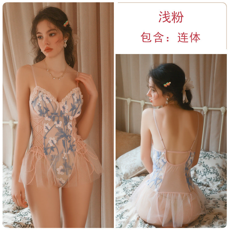 DZ Magnificent and Sensual Lingerie Sexy Deep V Backless Hot Gathered Underwire See-through Mesh One-piece Set5242