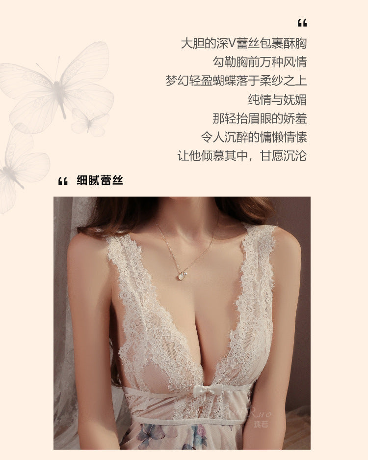 DZ Gorgeous Erotic Lingerie Passionate Temptation Backless Sweet See-through Mesh Sexy Irregular Nightdress Set5104