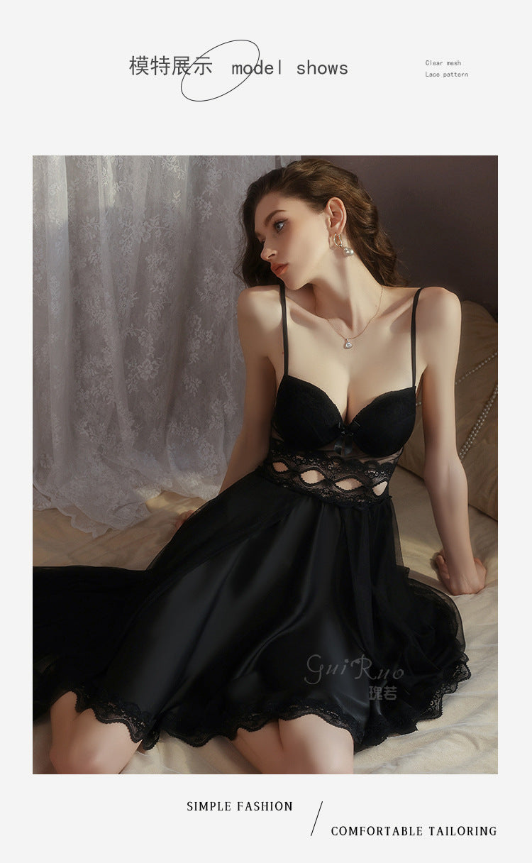 DZ Magnificent Plus Size Pure Desire Ice Silk Underwear Deep V Padded Temptation Lace Nightdress Robe Women's Set XJ5369