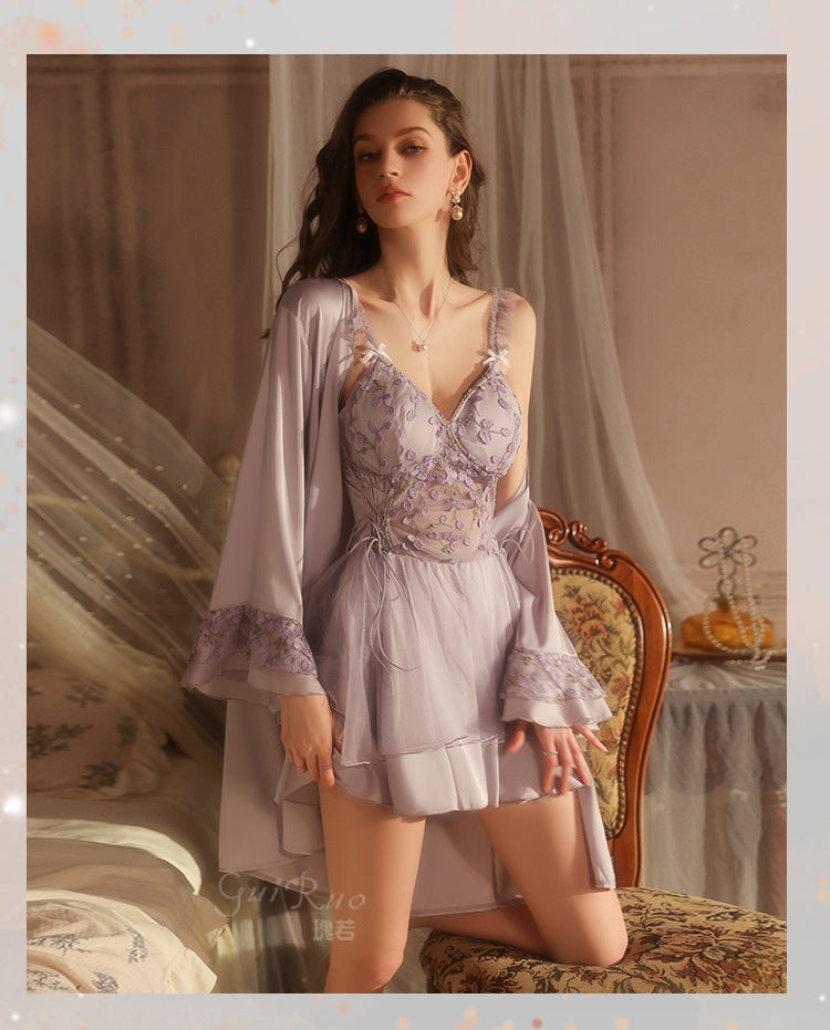 DZ Luxurious Ice Silk Lingerie Sweet Temptation Lace Deep V Padded Nightdress with Open Front Robe Set M5516