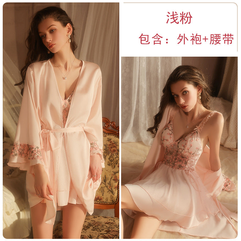 DZ Luxurious Ice Silk Lingerie Sweet Temptation Lace Deep V Padded Nightdress with Open Front Robe Set M5516