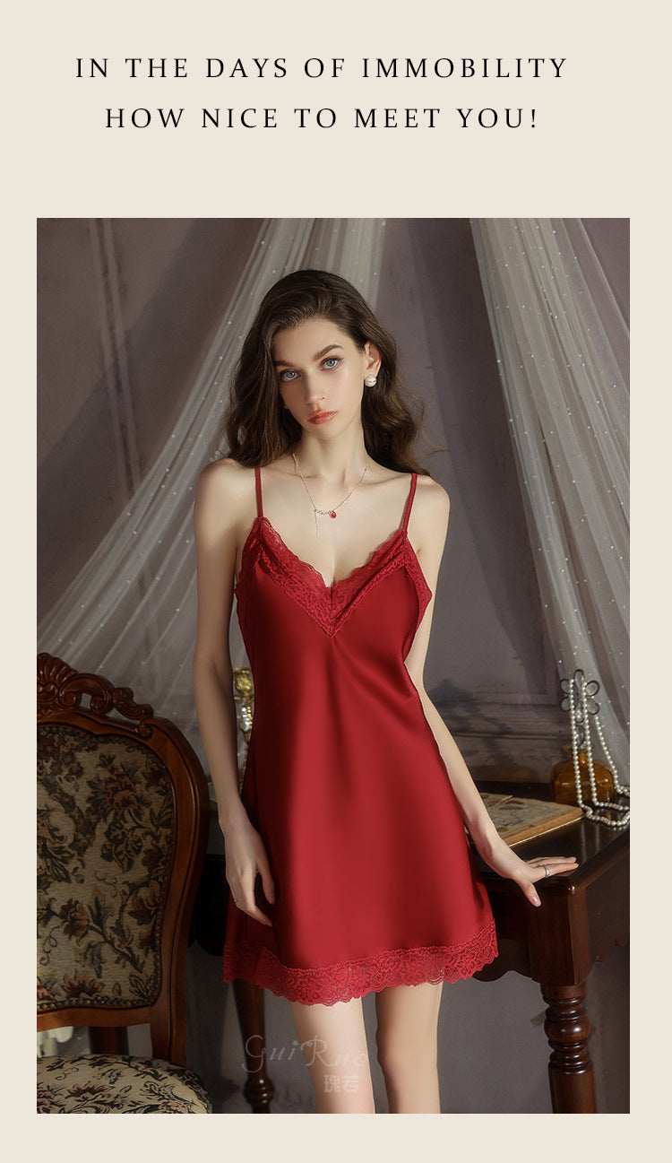 DZ Magnificent and fiery deep V Sexy Backless Lace Smooth Satin Nightdress Set with Chest Pads5585