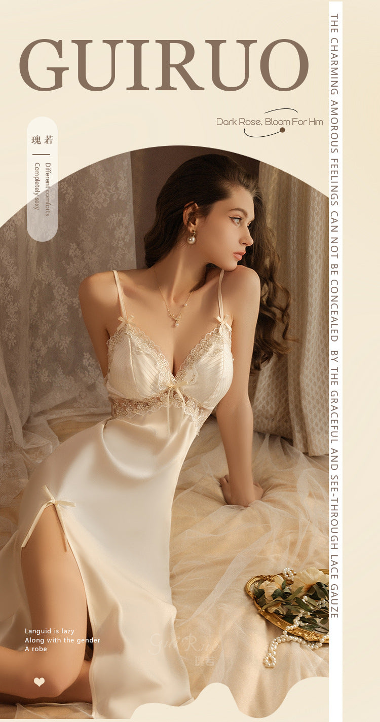 DZ Gorgeous Autumn Winter Sexy Slit Nightdress with Chest Pads Gathered Strap Nightgown Robe Homewear Set P4200