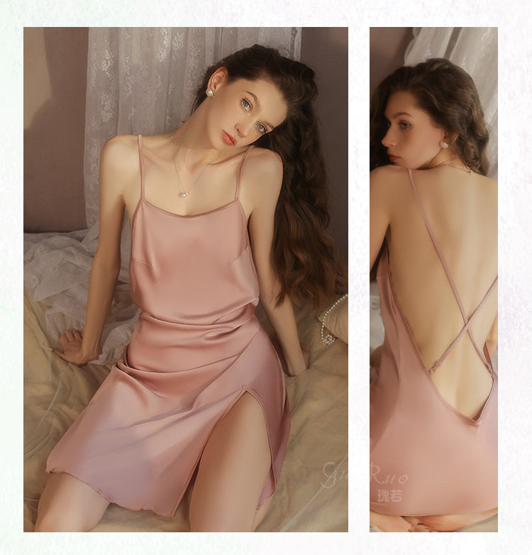 DZ Gorgeous Hot Lace-Up Backless Nightdress Sexy Temptation Slit Pure Desire Silky Satin Camisole Dress Set5606