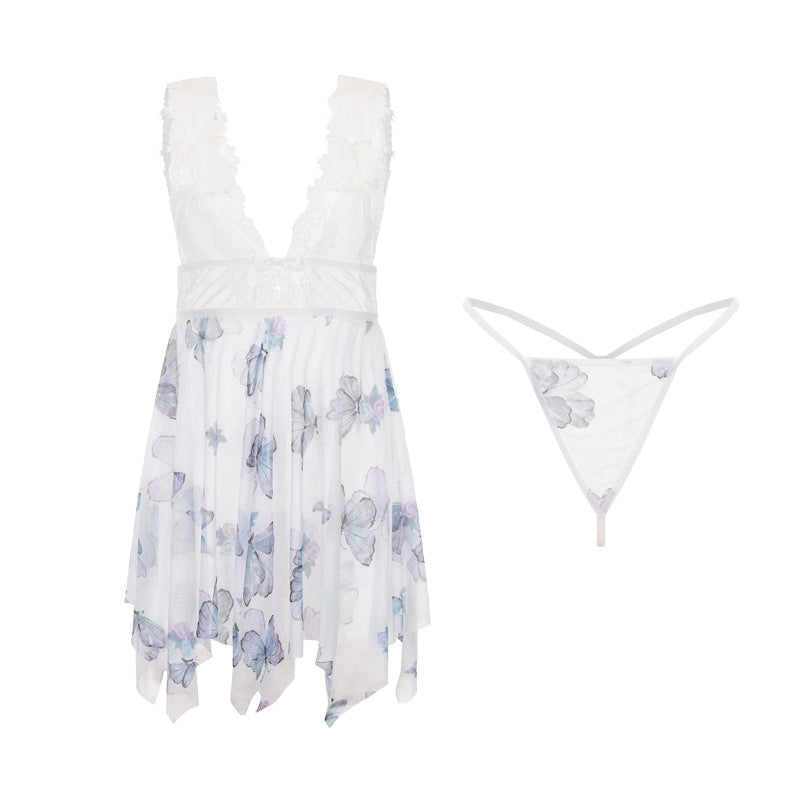 DZ Gorgeous Erotic Lingerie Passionate Temptation Backless Sweet See-through Mesh Sexy Irregular Nightdress Set5104