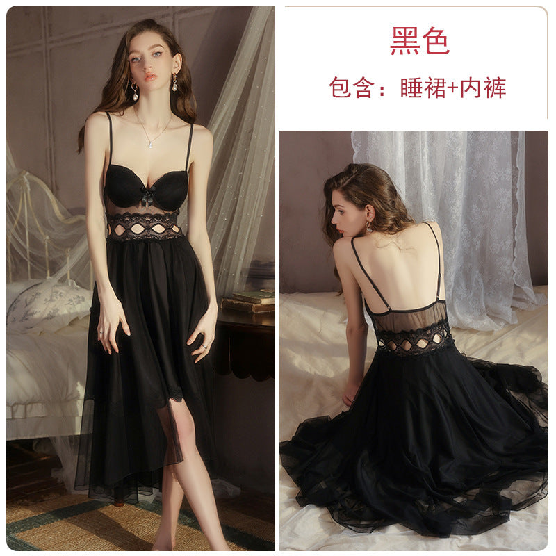 DZ Magnificent Plus Size Pure Desire Ice Silk Underwear Deep V Padded Temptation Lace Nightdress Robe Women's Set XJ5369