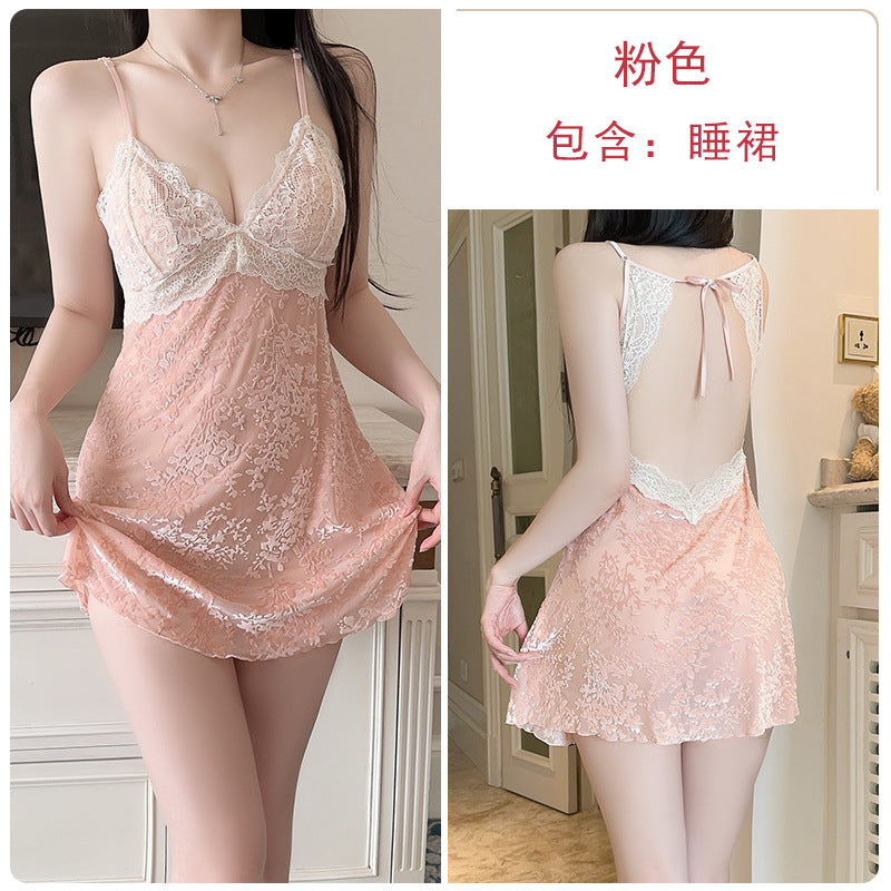 DZ Gorgeous Passionate Hot Backless Nightdress Sexy Push-Up with Chest Pads Sweet Jacquard Velvet Nightgown Set5838