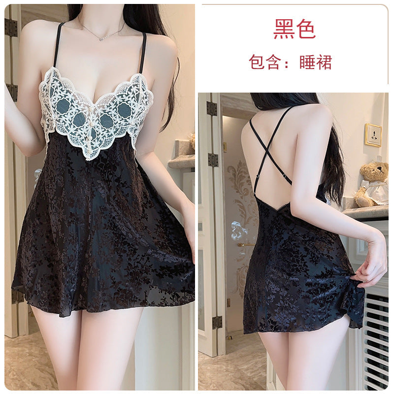 DZ Gorgeous Sexy Jacquard Velvet Pajamas Light Luxury Temptation with Chest Pads Deep V Backless Nightdress Homewear Set5756