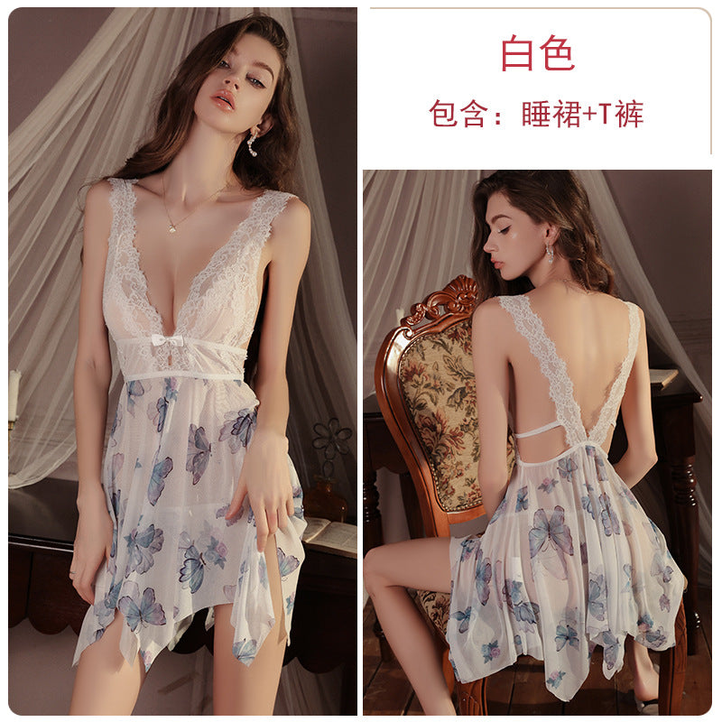 DZ Gorgeous Erotic Lingerie Passionate Temptation Backless Sweet See-through Mesh Sexy Irregular Nightdress Set5104