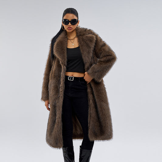 Cross-Border Source Autumn Winter New Fur Long Coat Fashionable Women's Casual Coat