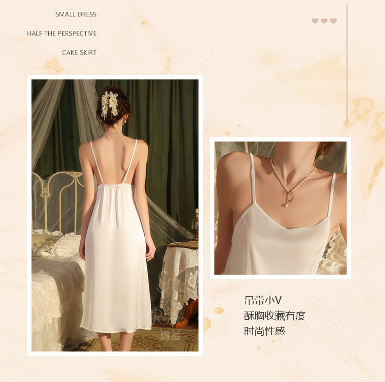 DZ Magnificent Pure Desire Backless V Lure Collar Ice Silk Camisole Nightdress Mesh Robe Women's Homewear Set5485