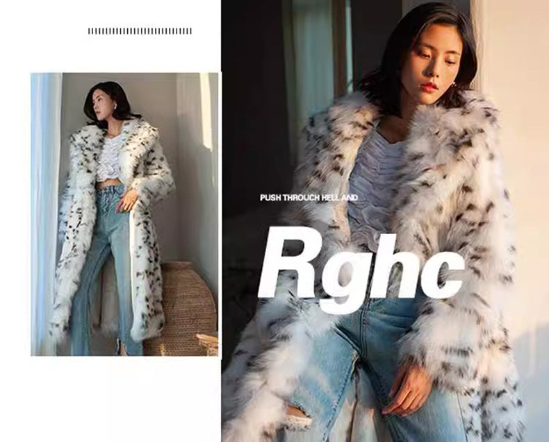 Winter Korean Style Leopard Print Shearling Coat for Women, Long Suit Collar Fox Fur Mink Coat