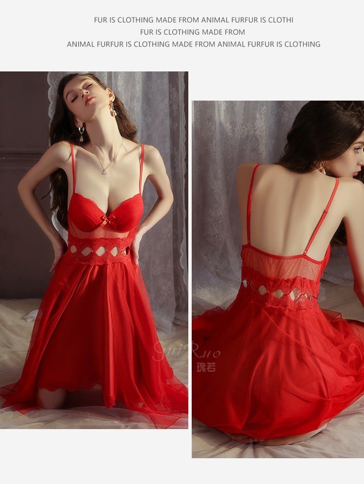 DZ Magnificent Plus Size Pure Desire Ice Silk Underwear Deep V Padded Temptation Lace Nightdress Robe Women's Set XJ5369