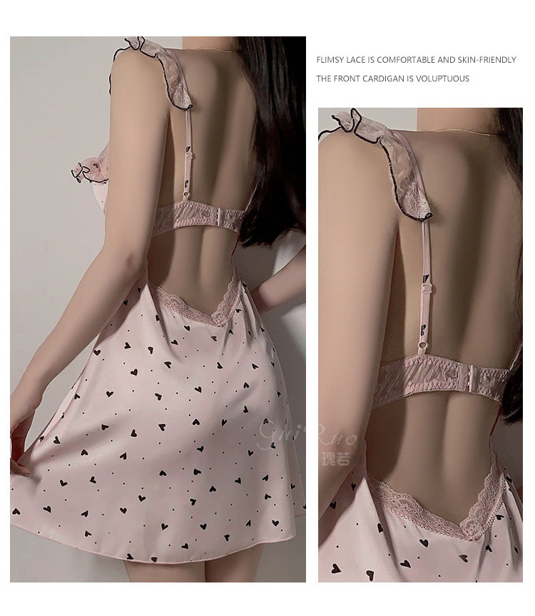 DZ Gorgeous Ice Silk Nightdress Sweet Mesh Lace with Chest Pads Plus Size Strap Nightdress Lazy Style Set P4823