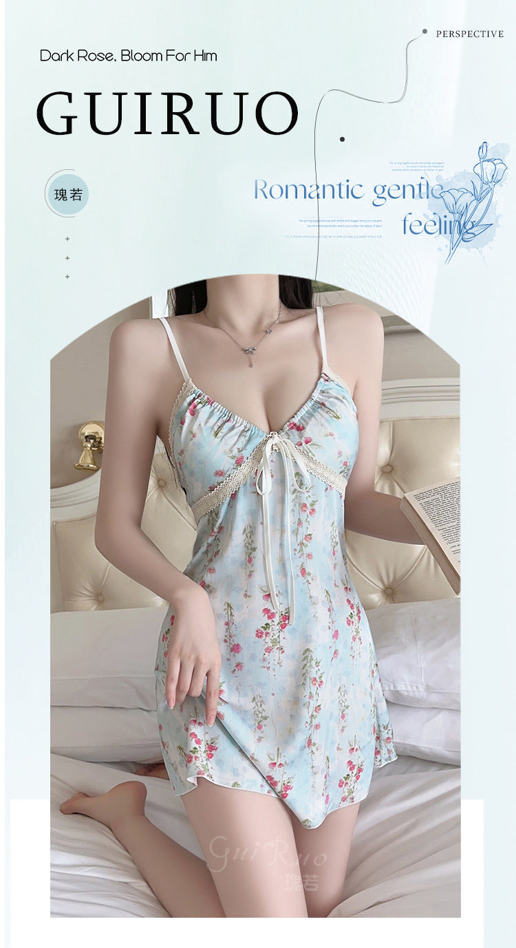 DZ Graceful New Luxury Silky Satin Printed Nightdress Sexy Temptation with Chest Pads Plus Size Set5298