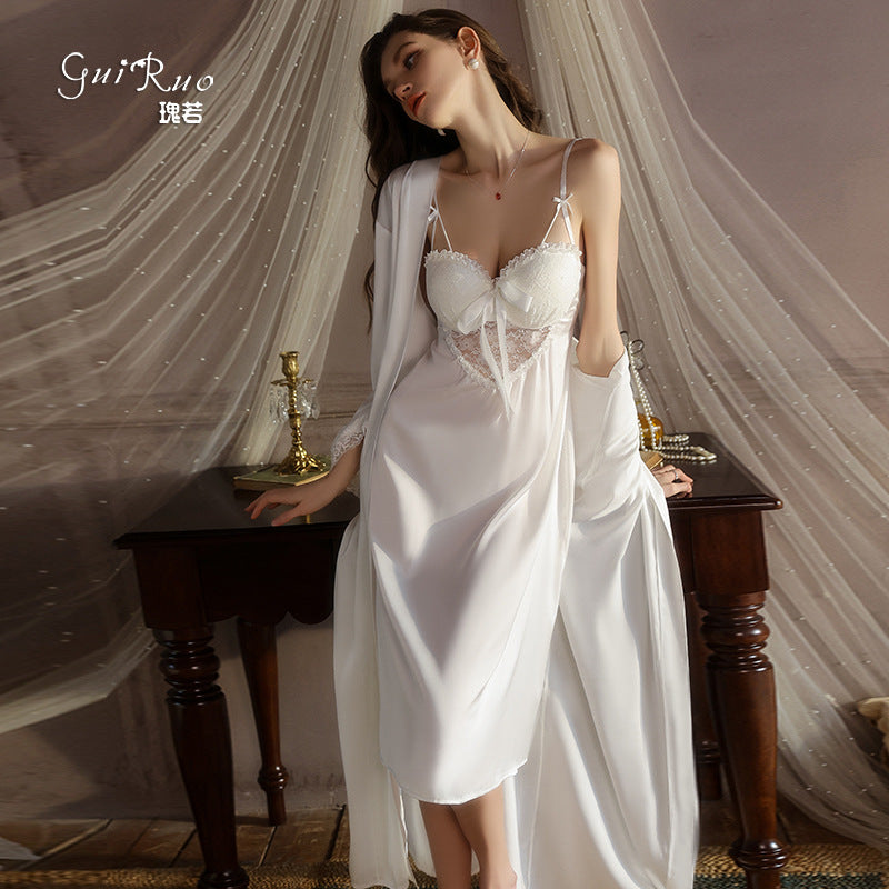 DZ Gorgeous Sexy Satin Nightdress Light Luxury Sweet Lace Deep V Gathered Padded Nightdress and Robe Set5045