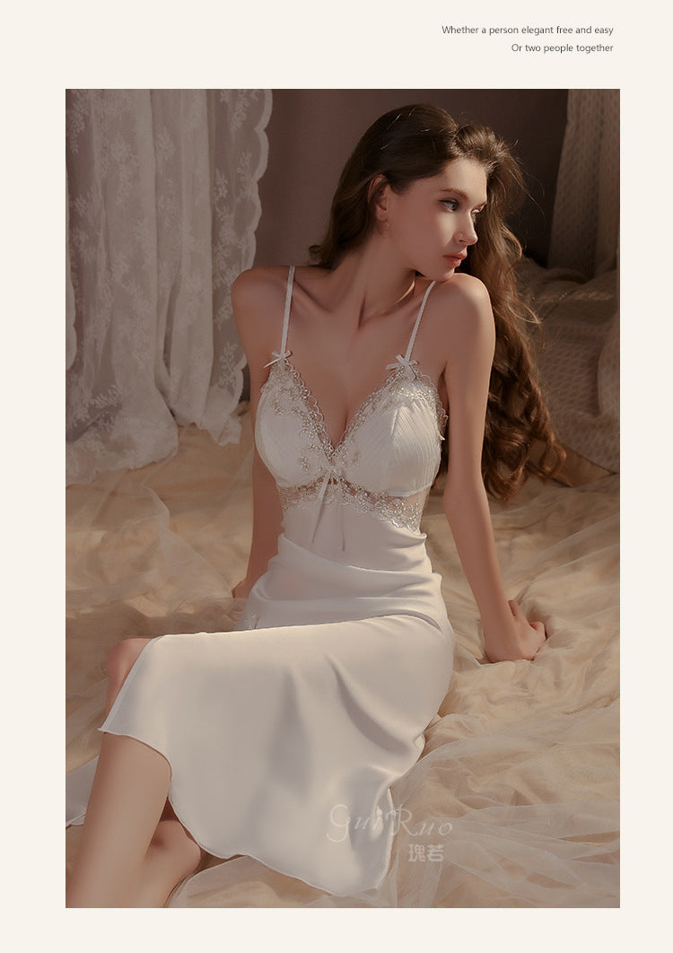DZ Gorgeous Autumn Winter Sexy Slit Nightdress with Chest Pads Gathered Strap Nightgown Robe Homewear Set P4200