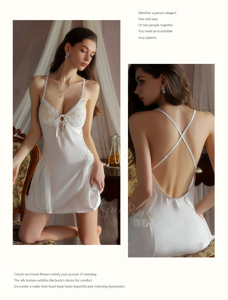 DZ Luxurious Plus Size Light Luxury Ice Silk Lingerie Passionate Hot Backless Padded Nightdress Robe Homewear Set4940