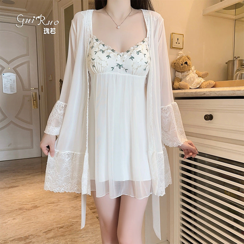 DZ Gorgeous Sexy Nightdress Passionate Temptation with Chest Pads Hot See-through Chiffon Lace Nightgown Robe Set5148