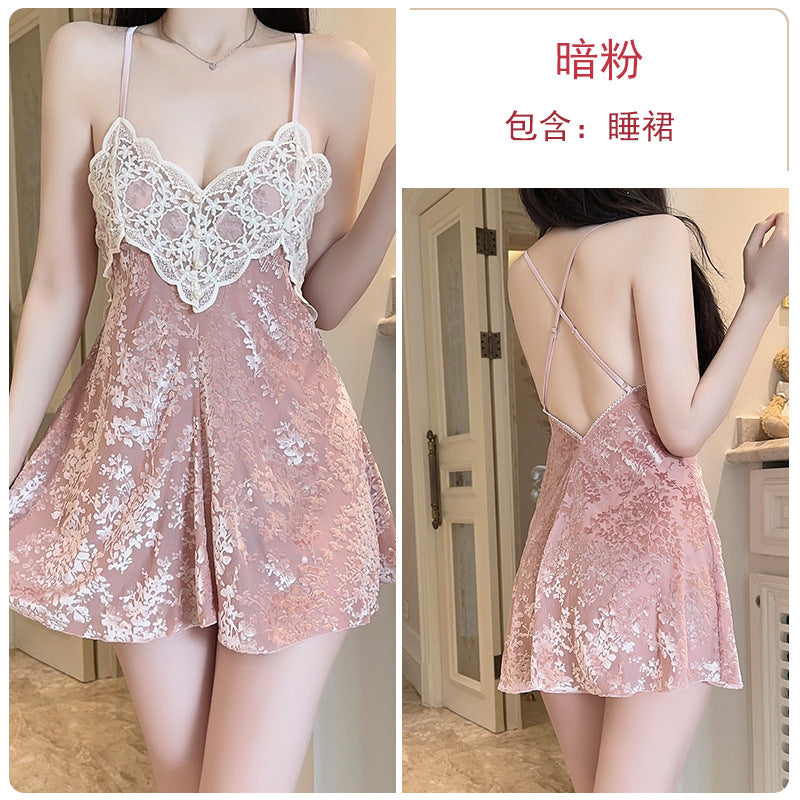 DZ Gorgeous Sexy Jacquard Velvet Pajamas Light Luxury Temptation with Chest Pads Deep V Backless Nightdress Homewear Set5756