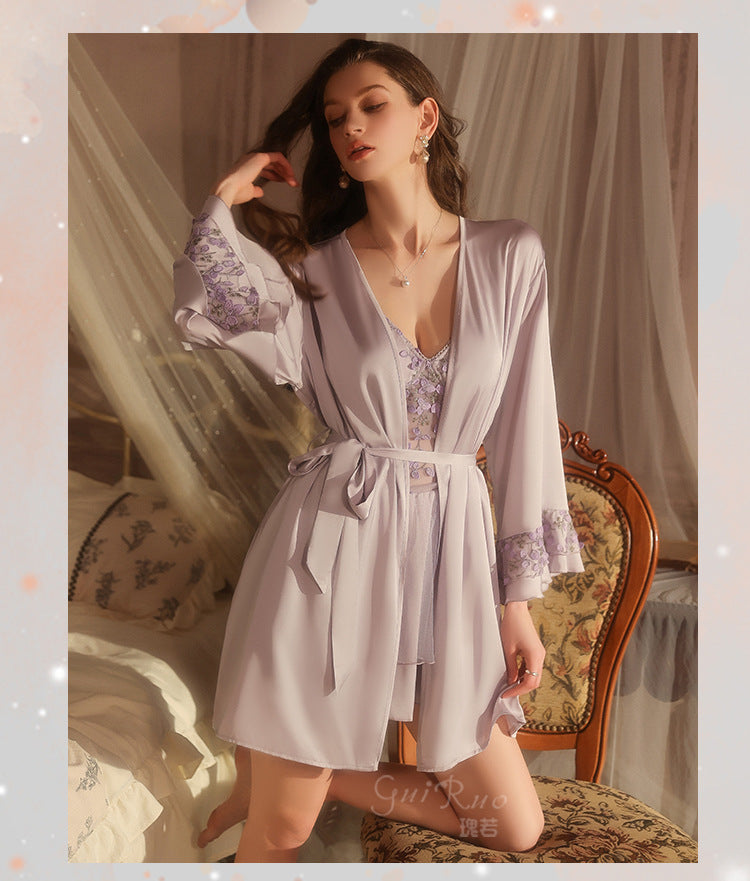 DZ Luxurious Ice Silk Lingerie Sweet Temptation Lace Deep V Padded Nightdress with Open Front Robe Set M5516