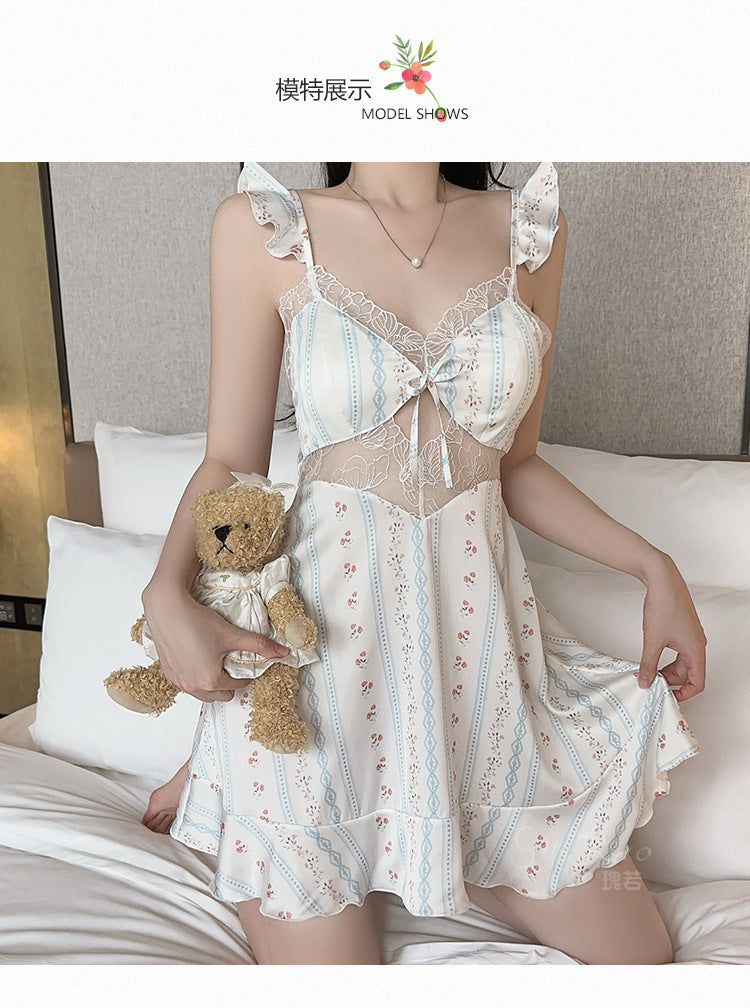 DZ Magnificent Pure Desire Smooth Satin Lingerie Passionate and Hot Deep V Sexy nightdress with chest pads home set4875