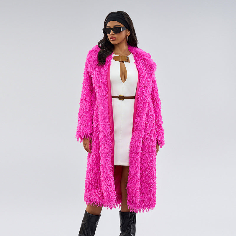 Cross-Border Foreign Trade European and American Fur Coat Warm Solid Color Fashionable Fur Extended Length Fur Coat Unique Overcoat