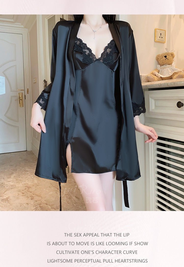 DZ Magnificent and fiery deep V Low-Cut Lingerie Pure Desire Simple Smooth Ice Silk Nightdress Lace-Up Robe Women's Set5149