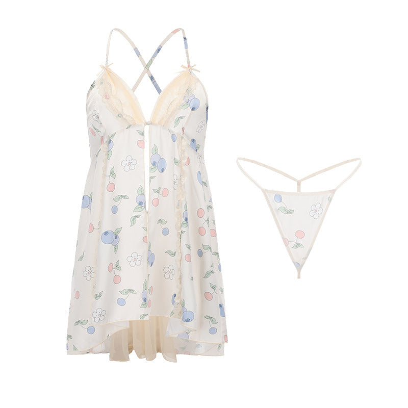 DZ Gorgeous Pure Desire Printed Satin Nightdress Passionate Hot Backless Sexy Open Front Plus Size Camisole Dress Set5140