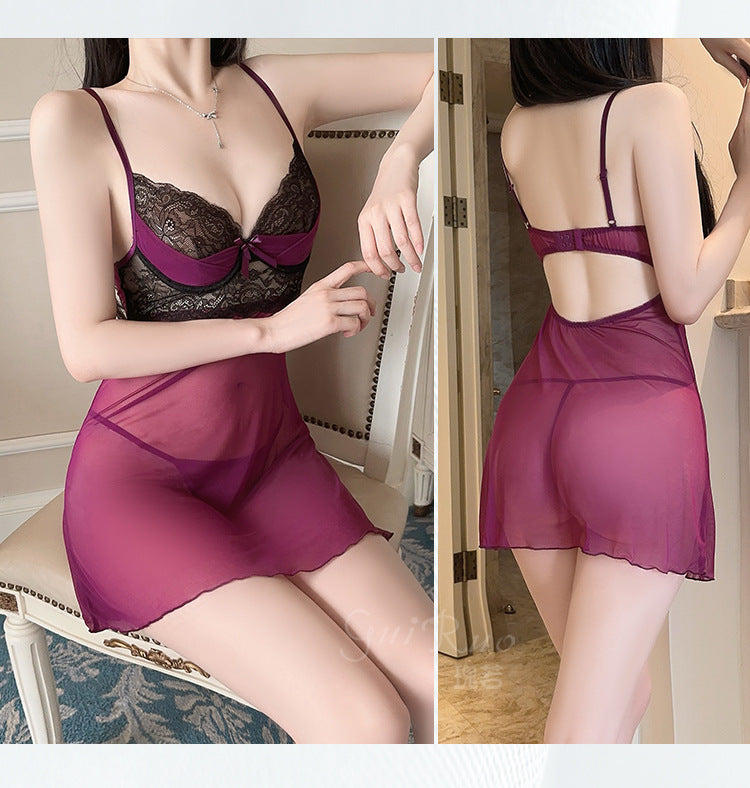 DZ Elegant Women's Lingerie Sweet Temptation Mesh Lace Deep V Underwire Strap Dress Set XK5623