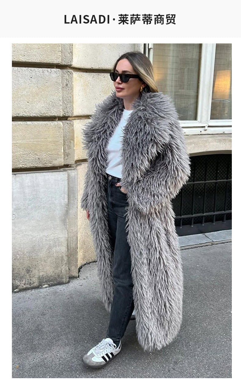 Long Fur Coat Long Hair Fur Winter Warm European and American Style Turn-Down Collar High-End Jacket