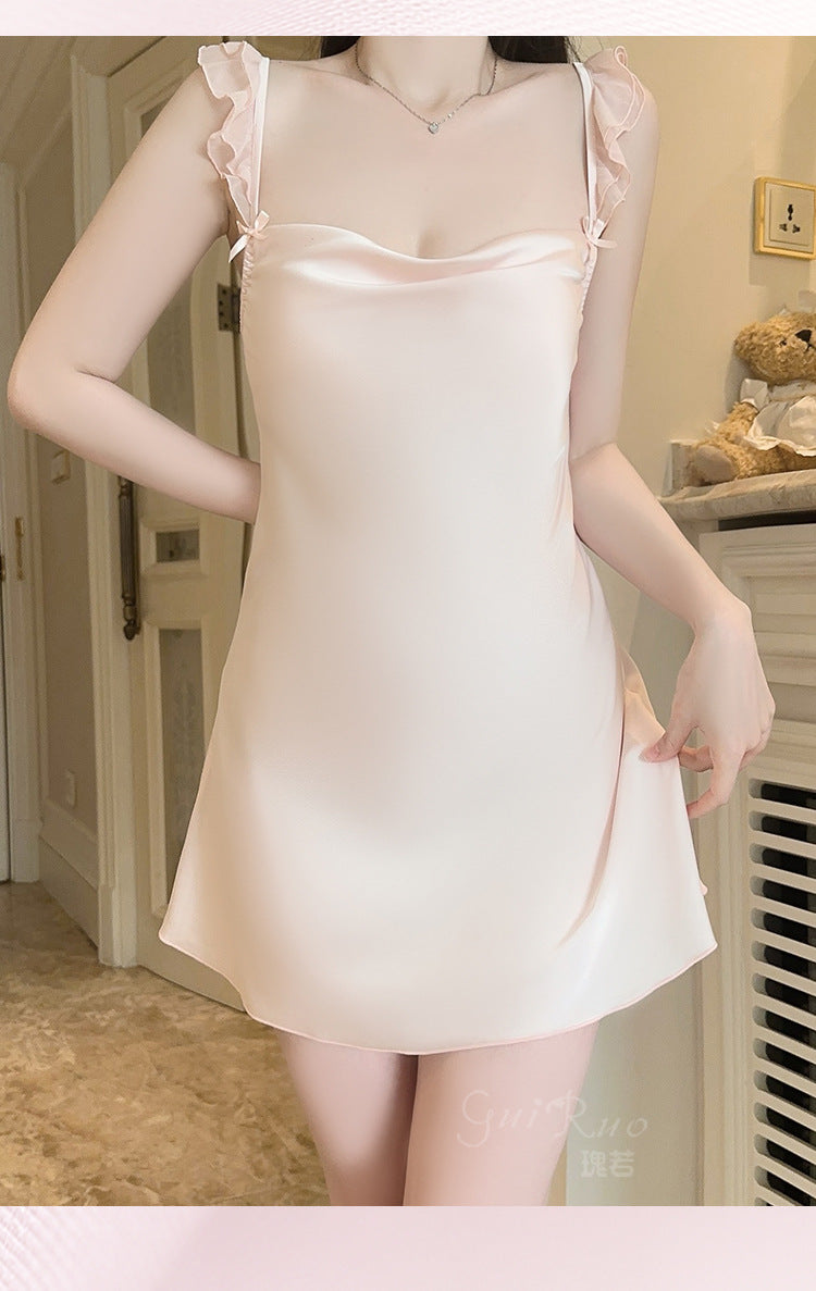 DZ Gorgeous Passionate Hot Backless Nightdress Pure Desire Sexy Waist-Cinching Deep V Ice Silk Nightdress Set with Chest Pads5262