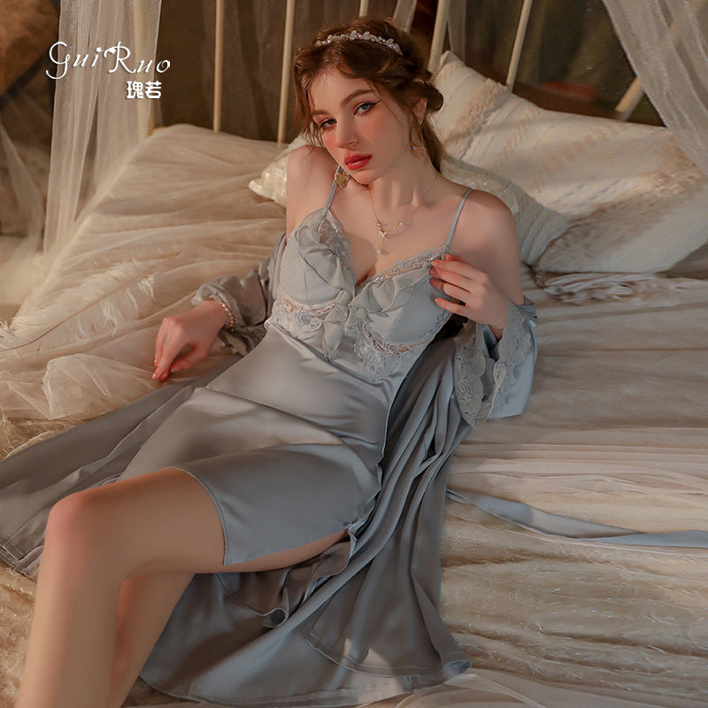 DZ Gorgeous Sexy Palace Style Padded Strap Nightdress Lace Robe Pure Desire Women's Homewear Set J2708