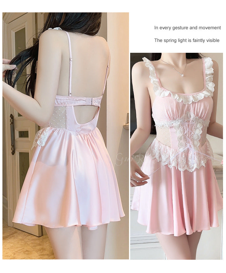 DZ Luxurious Plus Size Satin Nightgown Deep V Backless Pure Desire Sweet Nightdress with Chest Pads Home Set5395