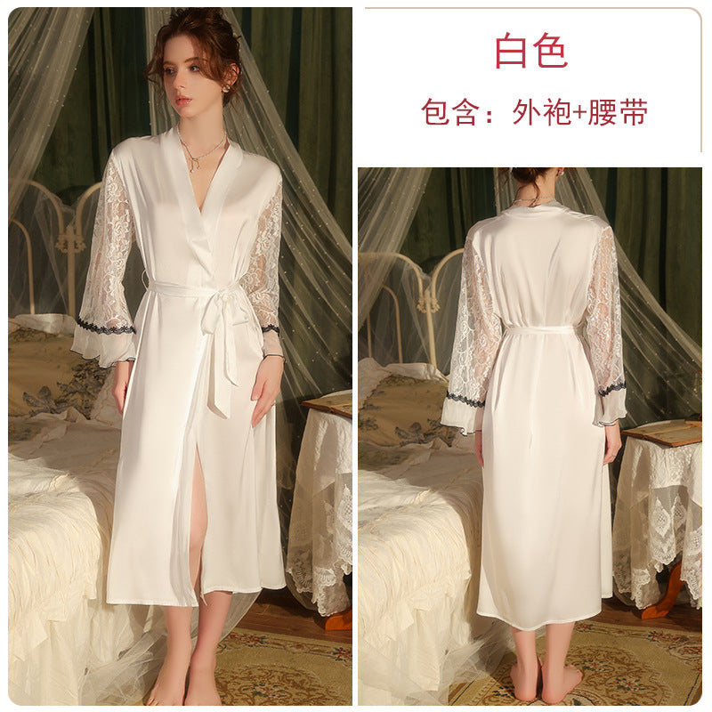 DZ Guiruo Brand Light Luxury Satin Nightgown Sweet See-through Lace Decoration Sexy Lace-up Robe Women's Set5471