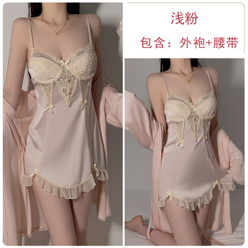 DZ Gorgeous Sexy Underwire Nightdress with Chest Pads, Comfortable Robe, Plus Size Pure Desire Homewear Set4240