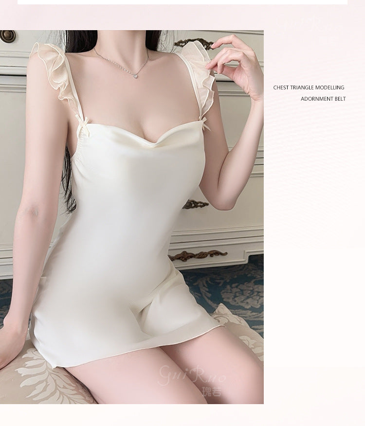 DZ Gorgeous Passionate Hot Backless Nightdress Pure Desire Sexy Waist-Cinching Deep V Ice Silk Nightdress Set with Chest Pads5262