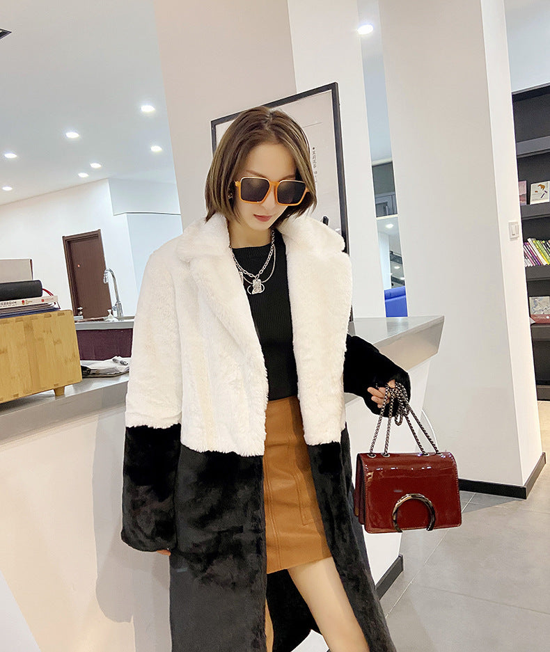 Loose mink fur stitching long coat Mao Mao suit collar women's coat