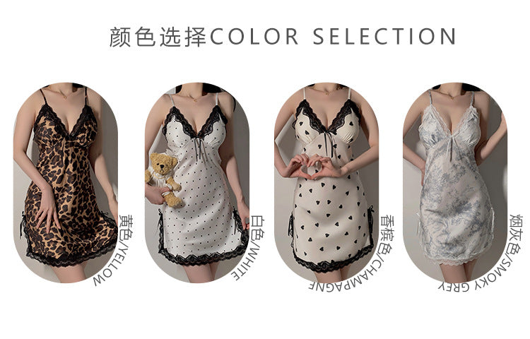 Magnificent and Sexy Deep V Padded Sleepwear Simple Sweet Print Pure Desire Plus Size Nightdress Homewear Set4904