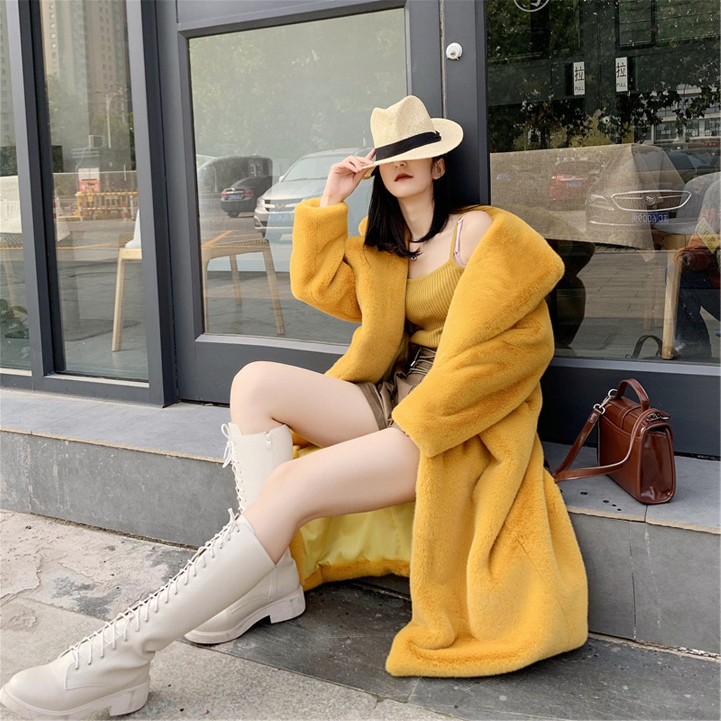 Loose mink fur stitching long coat Mao Mao suit collar women's coat