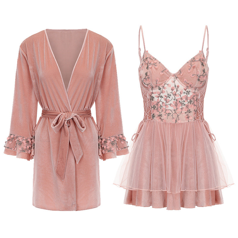 DZ Gorgeous Sexy Backless Temptation Velvet Sweet Underwire Gathered Camisole Nightdress Robe Loungewear C5240