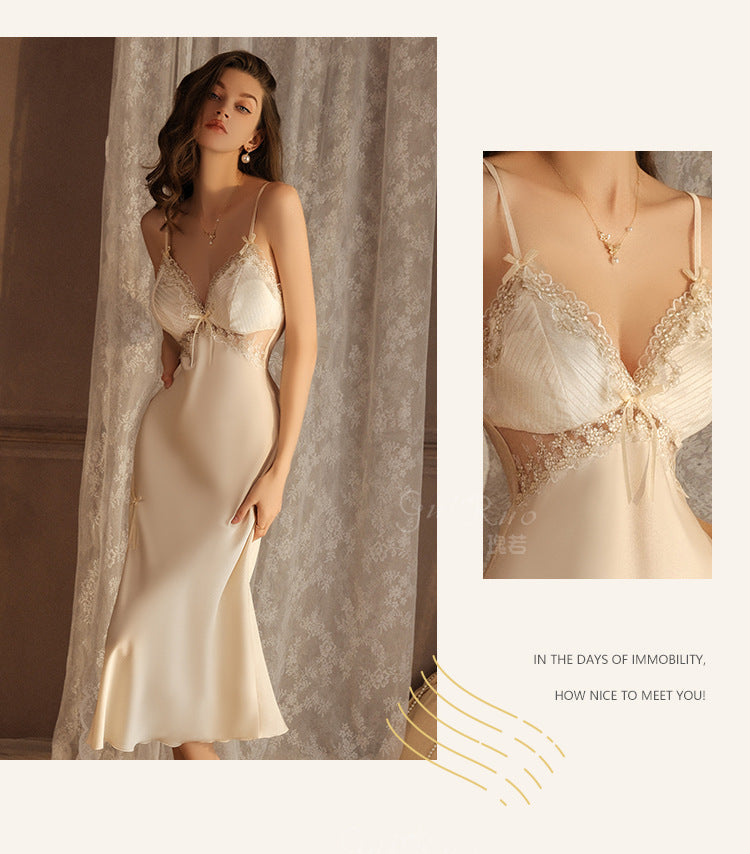 DZ Gorgeous Autumn Winter Sexy Slit Nightdress with Chest Pads Gathered Strap Nightgown Robe Homewear Set P4200