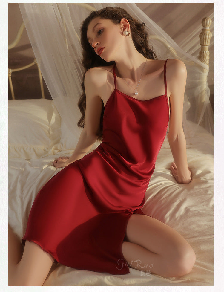 DZ Gorgeous Hot Lace-Up Backless Nightdress Sexy Temptation Slit Pure Desire Silky Satin Camisole Dress Set5606