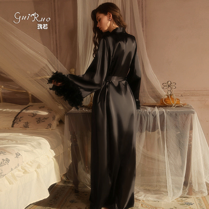 DZ Gorgeous Plus Size Ice Silk Temptation Nightgown Sexy Hot Waist-Cinching Lazy Deep V Open-front Robe Women's Set5711