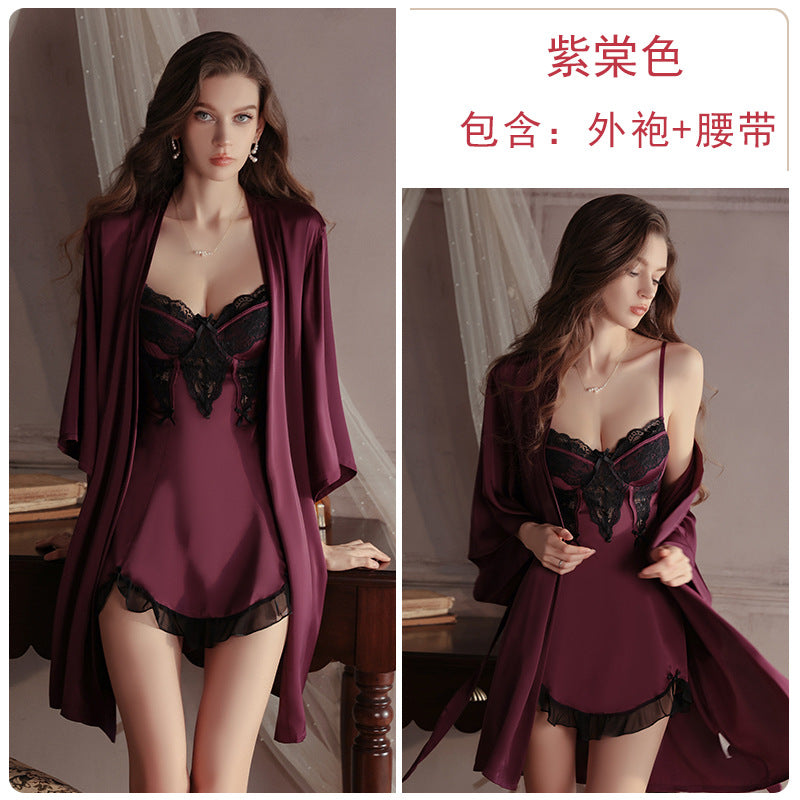 DZ Gorgeous Sexy Underwire Nightdress with Chest Pads, Comfortable Robe, Plus Size Pure Desire Homewear Set4240