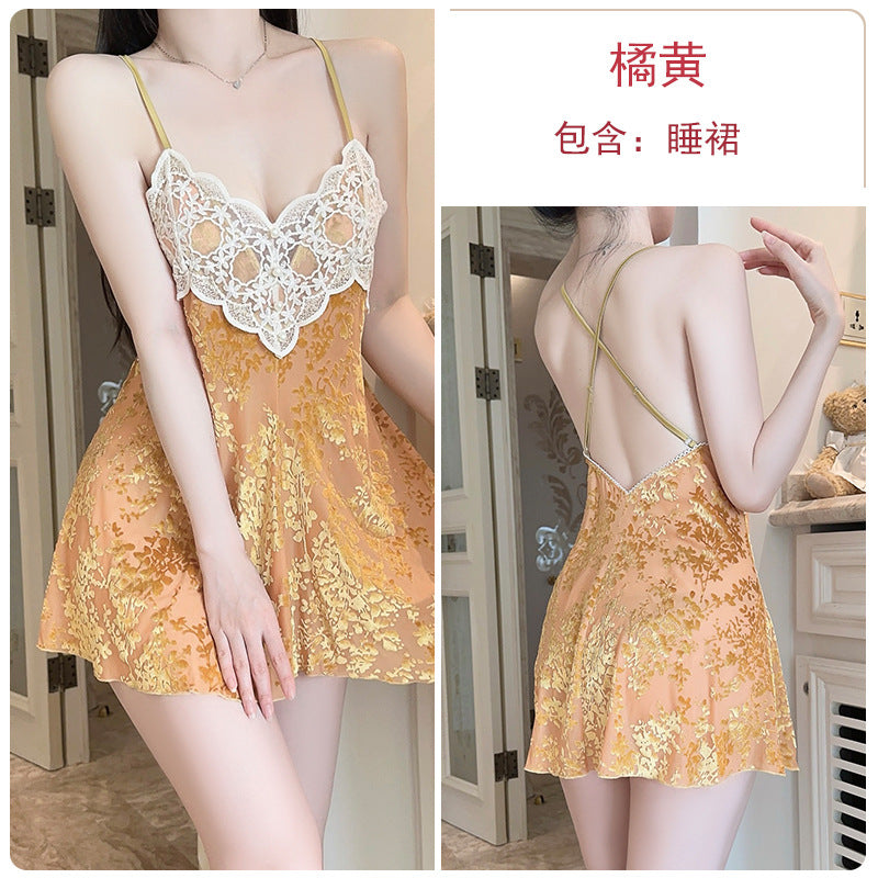 DZ Gorgeous Sexy Jacquard Velvet Pajamas Light Luxury Temptation with Chest Pads Deep V Backless Nightdress Homewear Set5756