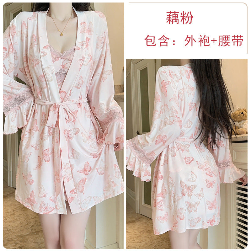 DZ Gorgeous Sexy Backless Nightdress Pure Desire Sweet Butterfly Print with Chest Pads Sleepwear Robe Women's Set QJ5286