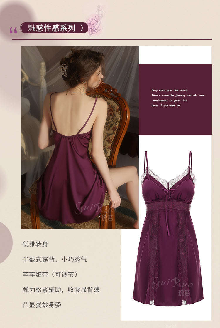 DZ Elegant Plus Size Women's Ice Silk Nightgown Deep V Gathered Padded Pure Desire Lace Nightdress and Robe Set5237